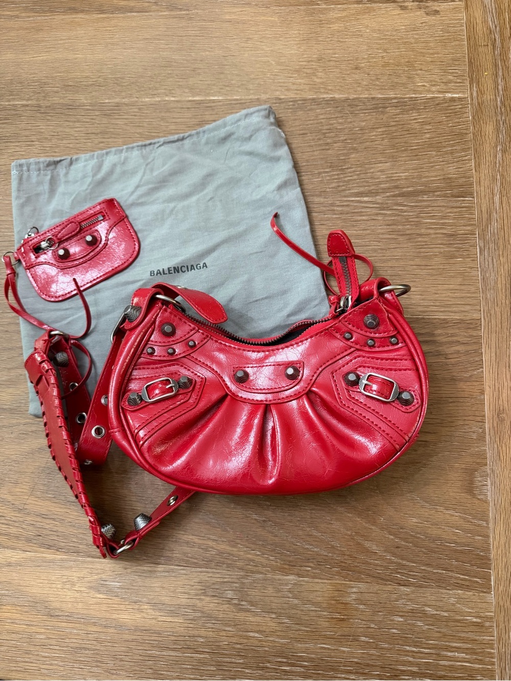 Balenciaga Red Leather Mini Crescent Shoulder Bag